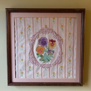 Vintage Floral Cross Stitch Wooden Framed Cottage Wall Art Decor Rustic Farm